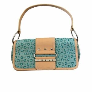 Vintage Y2K Guess Teal and Tan Women's Shoulder Bag
